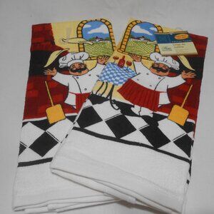 LOT 2 NEW HOME COLLECTION KITCHEN DISH HAND TOWELS FAT ITALIAN CHEF PRINT 15X25"
